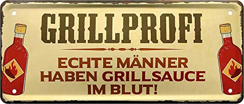 schilderkreis24 Blechschilder Kollektion 28x12cm – Lustige Grillsprüche: BBQ-Deko für echte Grillmeister: (GRILLPROFI ECHTE MÄNNER HABEN GRILLSAUCE IM BLUT!)