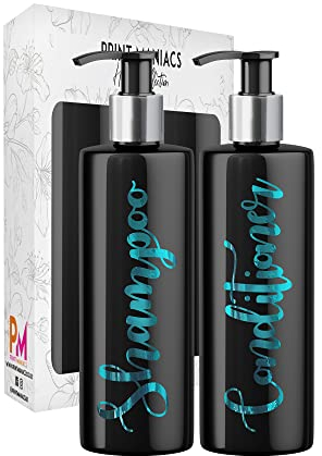 Print Maniacs 2 Set Mrs Hinch Inspired Black Personalised Dispenser Pump Bottles Shampoo Conditioner (Teal)