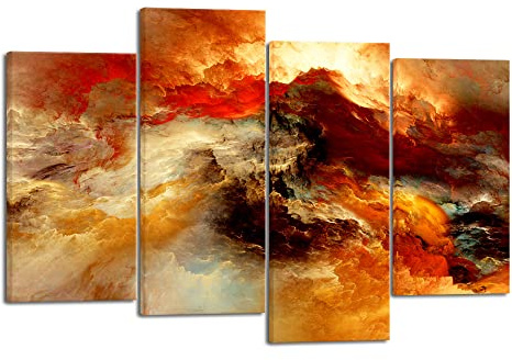 Pyradecor Große 4 Stück bunte Wolken Landschaft Leinwanddrucke Wandkunst Modern Abstrakt Orange Bilder Gemälde für Wohnzimmer Schlafzimmer Heimdekoration