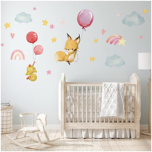 yabaduu Wandsticker personalisiert Sticker Aquarell Tiere mit Name Wandtattoo für Kinderzimmer Babyzimmer Spielzimmer Mädchen Junge Y037 (Nr. 11 Fuchs Küken Regenbogen, Ohne Wunschname)
