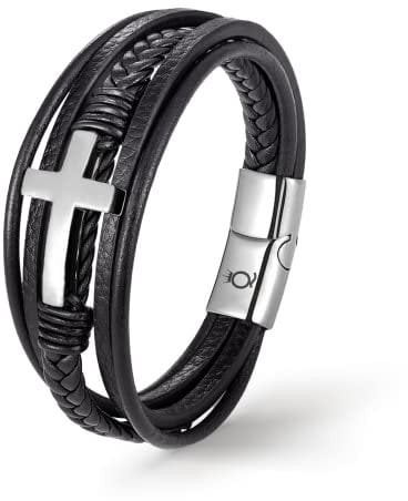 UNIQAL | Kreuz Lederarmband Herren „HEAVEN“ | Echtleder Armband mit Kreuz | Schwarzes Cross Bracelet | Magnetverschluss | Geschenk für Männer | Geschenkbox Inklusive (Silver, 23 cm + Verlängerung)