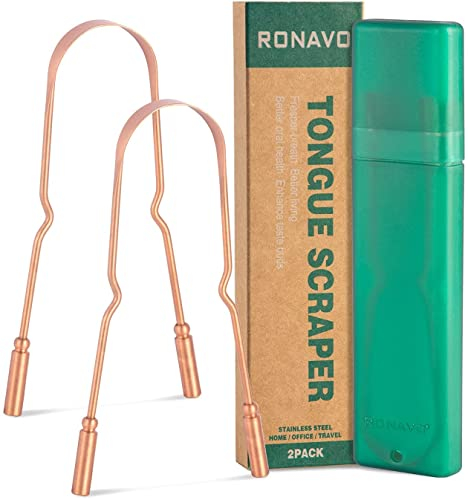 Limpiador de Lengua de Cobre, Raspador de Lengua Elimina el Mal Aliento con Estuche de Viaje, Fácil de Usar, Tongue Scraper para Limpieza Bucal, Eco, Fácil de Limpiar, RONAVO, 2 Unidades