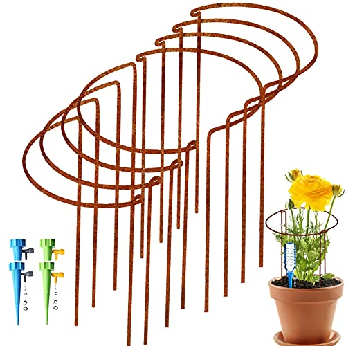Large 50cm Rusty Bow Plant Support Stakes, Half Round Natural Rust Flower Support Ring Cage Frame with 4 Self Watering Spikes, Rusted Metal Interlinking Garden Border for Peonies, Hydrangea(8,50x27cm)