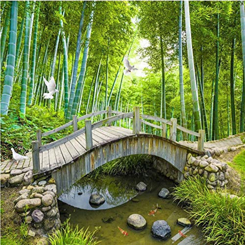 Photo Papier Peint Forêt de bambous pont de bois paysages 3D Intissé Décoration Murale XXL Poster Trompe l oeil Tableaux Muraux pour Salon Chambre Toile de Fond Mur 140x100cm