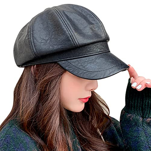 FEOYA Baskenmütze Barett für Damen Mütze Leder PU Frauen Klassische Französische Mode Visor Schirmmütze Schwarz Ballonmütze Bakerboy Hat Achteckige Beret Mütze Cap Maler Kappe Elbsegler Herbst Winter