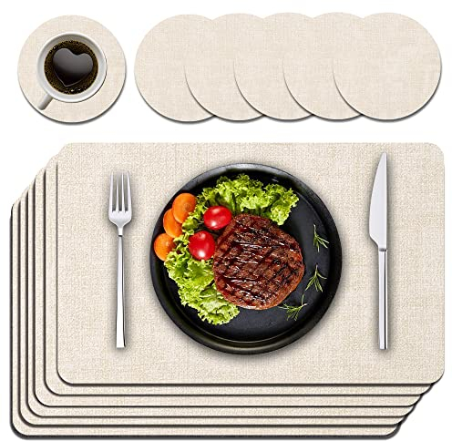 Purejoy Placemats and Coaster 6 Sets PVC, Christmas Table Mats Heat-Resistant Washable and Non-Slip 45 * 30 cm Dinner Table Mats Set of 6 for Kitchen Table Indoor Outdoor (Beige)