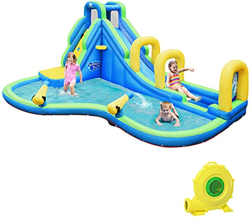 GOPLUS Aufblasbares Wasserspielcenter, Wasserpark mit Rusche/planschbecken/Kletterwand/Baketballfelge, Kinder Aufstellpoo für Kinder 4 bis 12 Jahre, Spielpool, 478x366x242cm (Mit Gebläse)
