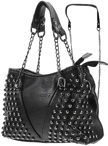 SHERCHPRY Niet Umhängetasche, schwarze Nieten, Umhängetasche, Ledertasche, Kuriertasche, Nieten, Schultertasche, All-Match-Kette, Schwarz