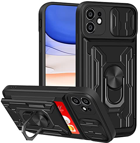 Aolcev for iPhone 11 Case with Card Holder Slot Slide Camera Cover Ring Kickstand Armor Hard PC Soft TPU Bumper Heavy Duty Shockproof Protective Wallet Case for iPhone 11 Phone Case -Black