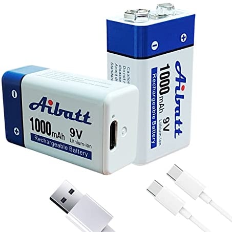 Aibatt Batteria da 9 V, 1000 mAh, con porta di ricarica tipo C, batteria ricaricabile agli ioni di litio 6F22, per microfono, rilevatore di fumo, giocattolo elettronico, walkie-talkie, rilevatore di