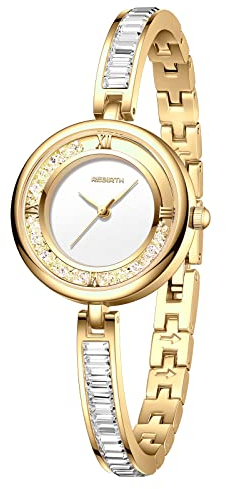 JewelryWe Reloj de Cristal Analógico de Cuarzo para Mujer, Reloj de Pulsera Dorado con Correa Ajustable para Mujer, Resistente al Agua, con Diamantes Completos