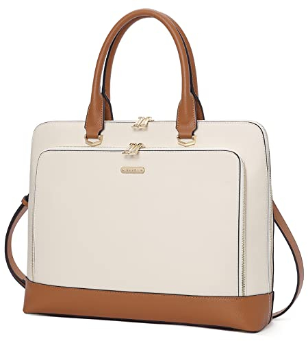 CLUCI Aktentasche PU Leder für Damen 15.6 Zoll Laptoptasche Umhängetasche Schultertasche Messenger Bag Businesstasche Handtasche Vintage Neu Weiß mit Braun