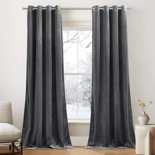 PONY DANCE Samt Vorhänge Wohnzimmer Blickdichte Gardinen mit Ösen 2er Set Velvet Curtains for Living Room Thermovorhang Kälteschutz Verdunklungsvorhang Grau Samtvorhang, H 260 x B 132 cm