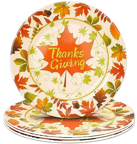 AnyDesign 4Pcs Thanksgiving Dinner Plates Set Rustic Maple Leaves 10 Inch Plastic Plates Autumn Leaves Design Reusable Plates for Fall Theme Party Banquet Dinnerware Supplies