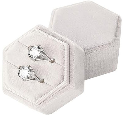 JIHUOO Ringschatulle aus Samt, sechseckig, Doppelschlitze, Ringetui, Hochzeitszeremonie, Ringhalter, Aufbewahrungsbox, Schmuckanhänger, Weiß