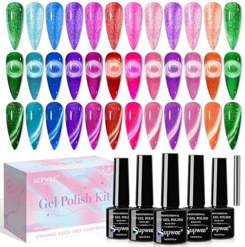 SUPWEE Cat Eye UV Gel Nagellack Set - 12 Farben Neon Magnetischer Gel mit Magnet Holografisches Glitzer Cat Eye Gel Nagellack Soak Off UV Gel für DIY-Maniküre Art 7ml