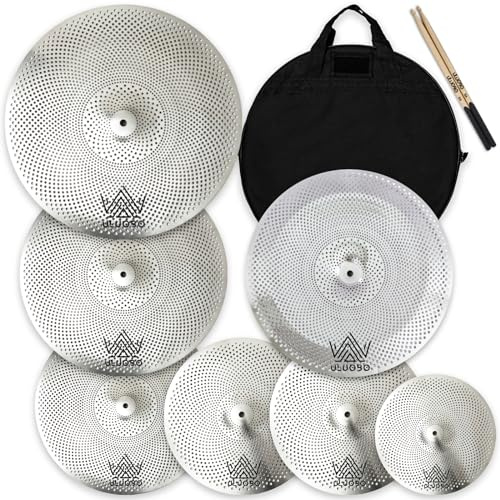 ULUOBO Confezione di piatti a basso volume, piatti silenziosi, set di piatti silenziosi per la pratica del batterista, 10 ''Spalsh+14 ''Hihat+16 Crash+18''Crash+18''China+20 Ride 7 pezzi, argento
