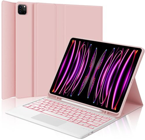 Tastiera per iPad Pro 12.9 con Touchpad, Cover con Tastiera per iPad pro 12.9, Custodia Tastiera QWERTY Bluetooth Magnetica Retroilluminata per ipad pro 12.9 pollici 6/5/4/3 Generazione, Rosa