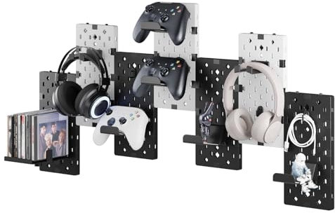 PEGZONE Controller and Headphone Holder Wall Mount, Modular Gaming Pegboard with Accessories, Controller Stand for Xbox PS5 PS4 Switch, Video Game Storage, Disc Shelf, 7pcs Pegboard, Black & White