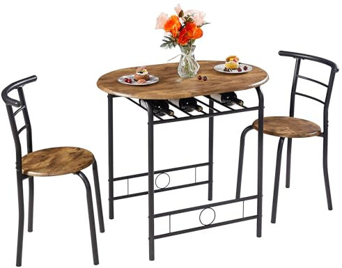 VECELO 3-teiliges Esstisch-Set für Küche, Frühstücksecke, Holzmaserung, ovale Tischplatte und Metallgestell mit integriertem Weinregal, für kleine Räume, 80 cm, Antik & Schwarz