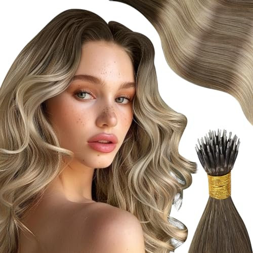 Moresoo Nano Hair Extensions Blonde Real Hair Nano Bead Human Hair Extensions Blonde Dark Brown to Chestnut Brown with Medium Blonde Cold Fusion 1G/S 50G/Pack #3/8/22