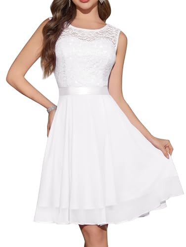Berylove Wedding Guest Cocktail Formal Sleeveless Lace Short A Line Dress | Party Teen Chiffon A Line Prom Elegant Evening Banquet Birthday Holiday Casual Sleeveless Lace Boat Neck Gown