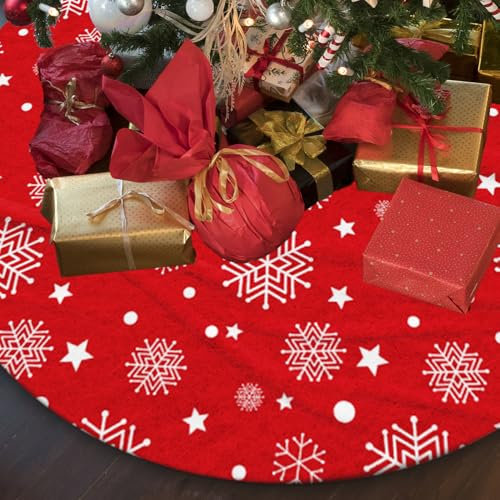 Christmas Tree Skirt, Christmas Tree Decorations Red Xmas Tree Base Cover Christmas Tree Mat with Snowflake Printed Christmas Tree Rug for Christmas New Year Holiday Party Home Decoration Y4SDSQ