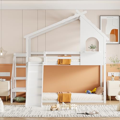Lit superposé enfant 90x200,lit cabane enfants avec toboggan,lit mezzanine 2 places,lit enfant avec barriere,lit mezzanine escalier,cadre de lit superposé en bois massif avec sommier à lattes,blanc
