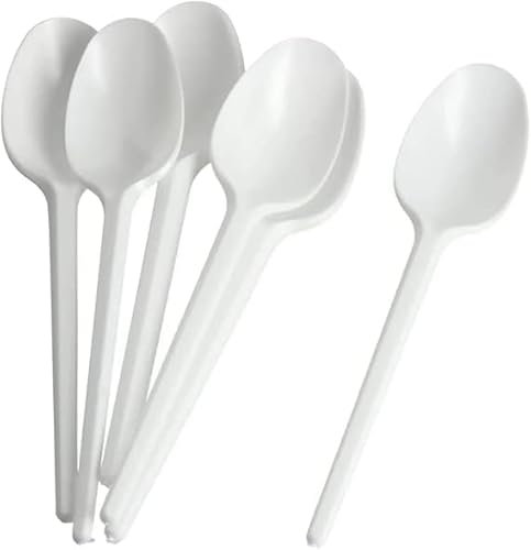 [ Pack of 100 ]-| Heavy Duty Reusable and Washable Whit.e Spoons | Whit.e Table Spoon-| Whit.e Medium Weight Spoon-Perfect for Restaurants,picnics | Everyday Basic and Tableware(White Spoons-100)