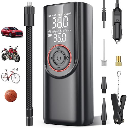 Kasakily Elektrische Luftpumpe Tragbare Fahrradpumpe 150PSI mit 7500mAh Akku Kompressor Klein Luftpumpe Elektrische Reifenpumpe mit Anzeige LED Licht für Auto Fahrrad Motorrad Bälle Als Powerbank