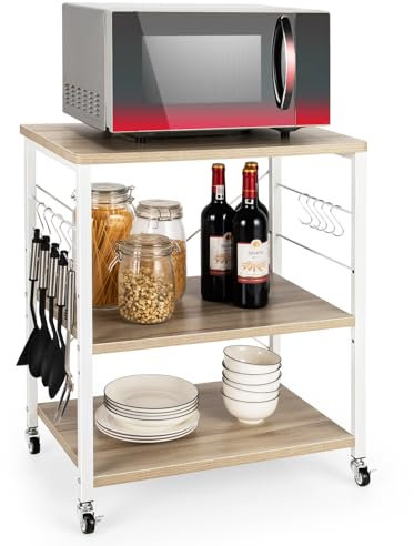 COSTWAY Estante para Pastelería con 3 Niveles, Carrito de Cocina con 10 Ganchos Removibles, Estante con Estructura de Metal para Microondas con Ruedas Bloqueables para Bar Restaurante Hotel (Beige)