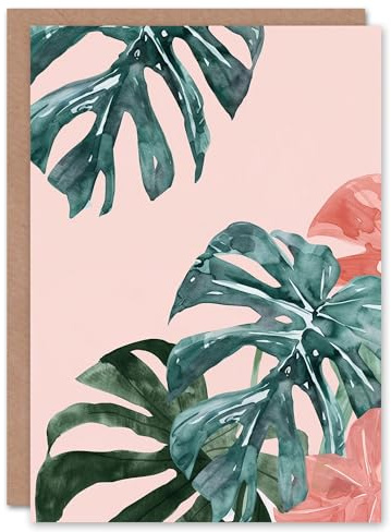 Artery8 Greeting Card Plant Lover Pink Teal Monstera Leaves Watercolour Blank For Him Or Her Art Birthday Card