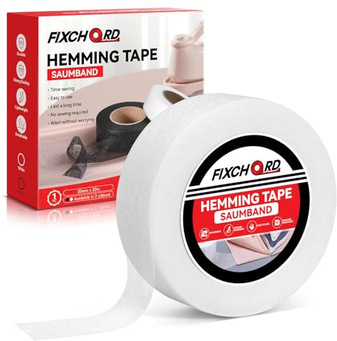 FIXCHORD Saumband, Saumband zum Aufbügeln, Bügelband zum Aufbügeln, Bügelband zum Kürzen für Vorhänge, Bügelkleber für Textilien, Gardinen kürzen ohne Nähen (Weiß, 30m x 30mm)