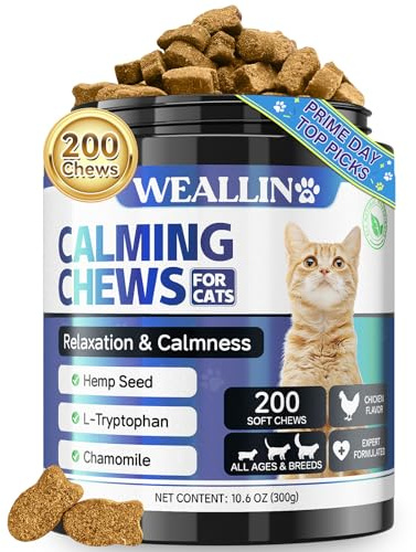 WEALLIN Golosinas Calmantes para Gatos, 200 Masticables, Sabor Pollo | Con Manzanilla, Sin Cereales Y Sin Somnolencia; Apoyo Diario Para Viajes, Visitas Al Veterinario, Ruidos Y Cambios De Rutina