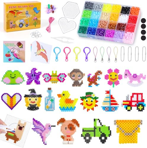 FIVAVA 24 Farben Bügelperlen Set 5mm - Bügelperlen DIY mit Tierdesigns - Komplettes Zubehör, Kreativ Bügelperlen set, Bügelperlen Glitzer palette für handgefertigte Geschenke für Kinder