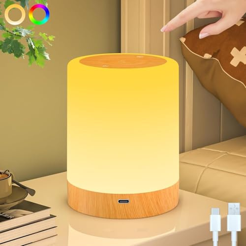 YverLand Lámpara mesita noche LED – lampara mesa bedside lamp luz nocturna tactil RGB regulable, recargable USB, sin cable, memoria y temporizador – lámparas dormitorio niños bebé camping (Cilíndrica)