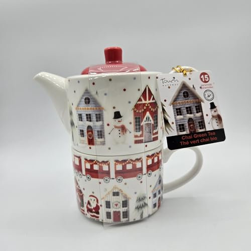 Coffret Théière & Tasse de Noël avec 15 Sachets Pyramide | Thé Vert Chaï | Ensemble Céramique Festif | Thé Épicé & Réconfortant | Idée Cadeau Noël