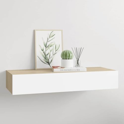 YITHOPI Wandregal mit Schublade Eichen-Optik und Weiß Hängeregal Dekoratives Wandregal für Büro Küche 60x23,5x10 cm MDF
