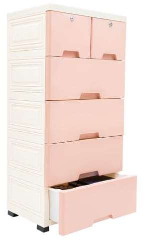 HUOMMGS Rollcontainer Schubladenschrank mit 6 Schubladen Kunststoff Schubladenschrank Freistehend Aufbewahrungsschrank Multifunktional Haushaltsschrank 50x35x102cm Kommode mit 2 Schlüssel (Rosa)
