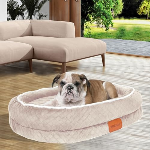 Eiförmiges Hundebett aus Memory-Schaum,orthopädisches Hundesofa für kleine und mittelgroße Hunde,mit vierseitigem Nackenkissen,wasserdicht und rutschfest,abnehmbar und waschbar(Off-White,M-71x55x15cm)