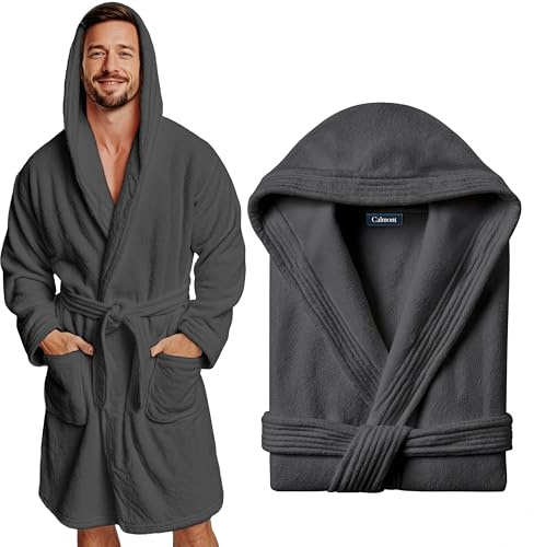 CALMONT Bademantel Herren aus 100% Baumwolle Frottee mit Kapuze I Oeko-Tex | Kuscheliger Saunamantel für Herren extra soft und langlebig. Ein Männerbademantel für Wellness & Sauna mit Gürtel und Tasche.
