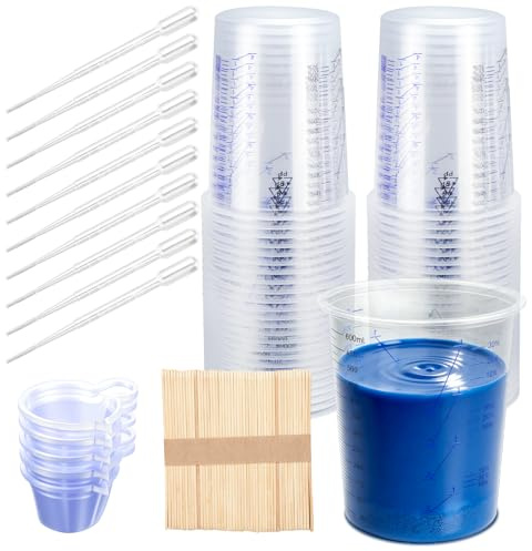 Lackmischbecher 600ml 40STK Mischbecher Set FarbMischbecher Rührstäbchen Epoxid Mixbecher mit Griff Pipetten | mit Klarem Mischungsverhältnis auf der Messbeche für Flüssigkeiten Farbe Pigment