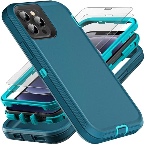 YmhxcY for iPhone 12/12 Pro Case, Military Grade 3 in 1 Heavy Duty Shockproof/Drop Proof/Dust Proof Case with 2Pcs Tempered Glass Screen Protector (Blue/Turquoise)