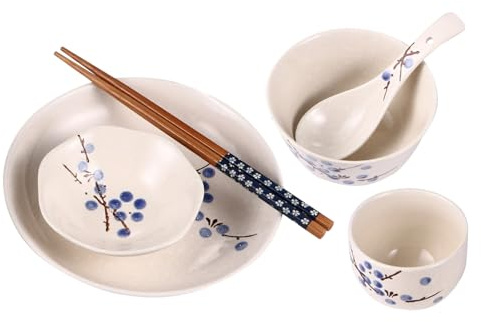 TOYANDONA Ensemble Vaisselle Japonaise 6 Pièces Personne, Service de Table en Céramique Bleu Prunier, Bol, Assiette, Tasse, Cuillère et Baguettes, Vaisselle Pratique Cuisine et Repas