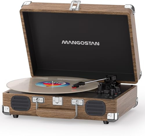 MANGOSTAN Vintage Bluetooth Plattenspieler mit eingebauten Lautsprechern, 3-Gang-Plattenspieler mit Riemenantrieb, Auto-Stop, RCA & AUX-in, Kopfhöreranschluss, Retro-Koffer-LP-Player - Holzmaserung
