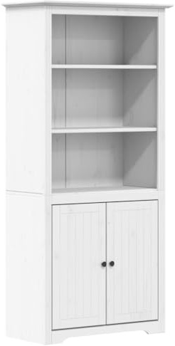 Qifoedo Libreria BODO 82 x 40 x 173 cm, colore bianco, in legno di pino massiccio, design francese, con 3 scomparti aperti e 2 nascosti dietro le porte, per soggiorno, camera da letto, ufficio