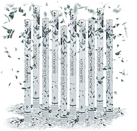 Relaxdays 10 x Party Popper 80 cm im Konfettikanonen Set, Konfetti Bombe für Hochzeit und Geburtstag, Konfetti Shooter 6-8 m Effekthöhe, Silber metallic