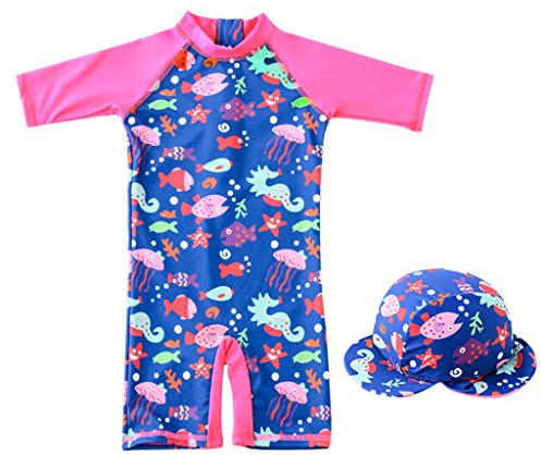 Kinder Badebekleidung Baby Mädchen Badeanzug UV Schutz mit Sonnenschutz Mütze Badekappe Langarm Kinderbadeanzug Schwimmkleidung UPF 50+ Einteiliger Reißverschluss