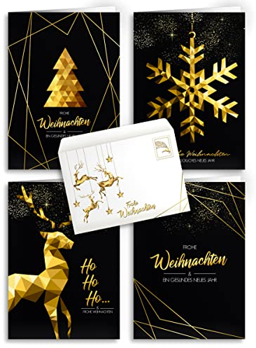 Weihnachtskarten mit Umschlägen - 20 Stück | Modern Design - Gold | 4 Motive + passender Umschlag | Für Familie, Freunde & geschäftlich | Edel Weihnachtskarten-Set Klappkarten mit Umschlag Set