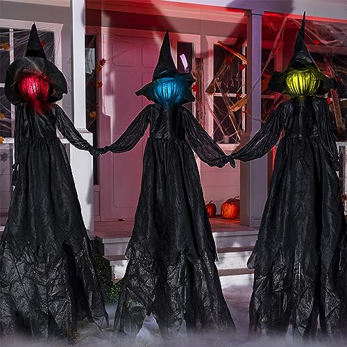 3 Stück Halloween-Hexenhof Dekorationen, halten Hände Hexenhof mit gruseligem Sound und beleuchtetem Kopf (Sound-Aktivierung) für Halloween, Outdoor, Rasen, Hof, Terrasse, Spukhaus Dekorationen